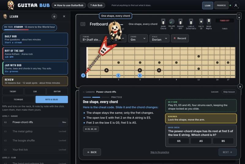 A lesson: Bub above the fretboard points his red Flying V at the low E string while the lesson card below explains power chords, with a quick check