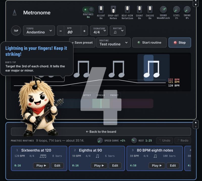 The metronome running: a huge 4 counts the beat, Bub cheers with a tip, the beat view shows the rhythm, and the routine's loops sit below